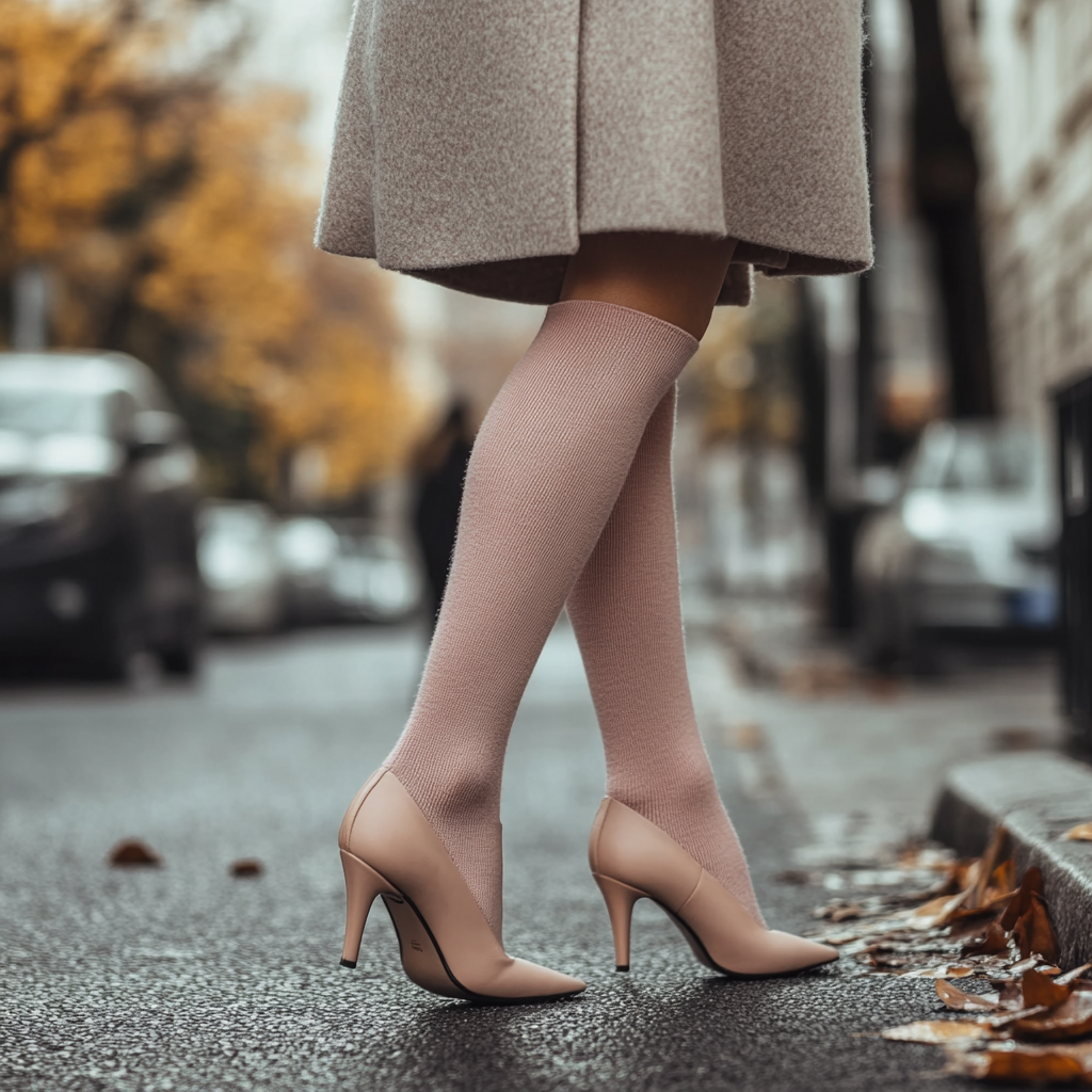 Elegant woman in pink wool socks walking outdoors 