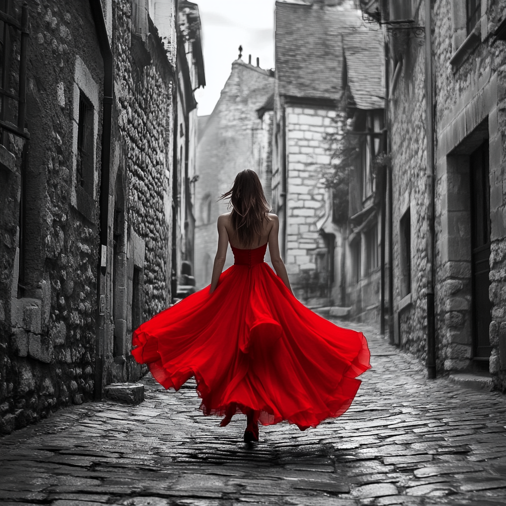 Elegant woman in red dress walking alley scene.