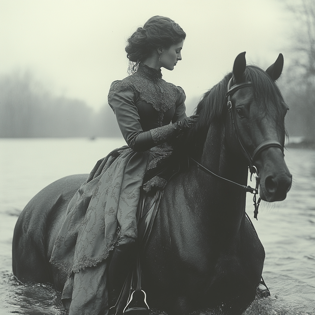 Elegant woman riding horse through water, touching heads. White background.