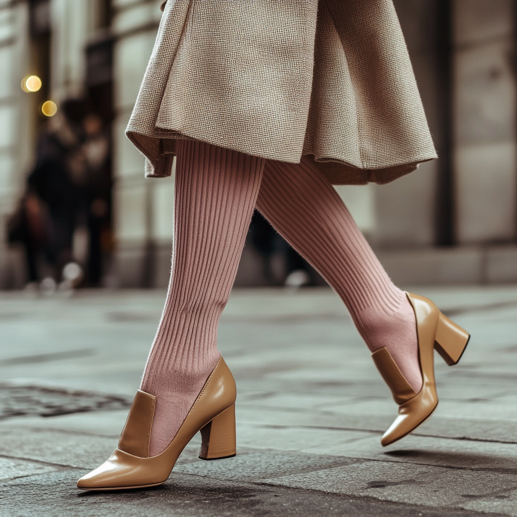 Elegant woman walking in ankle-length pink socks 