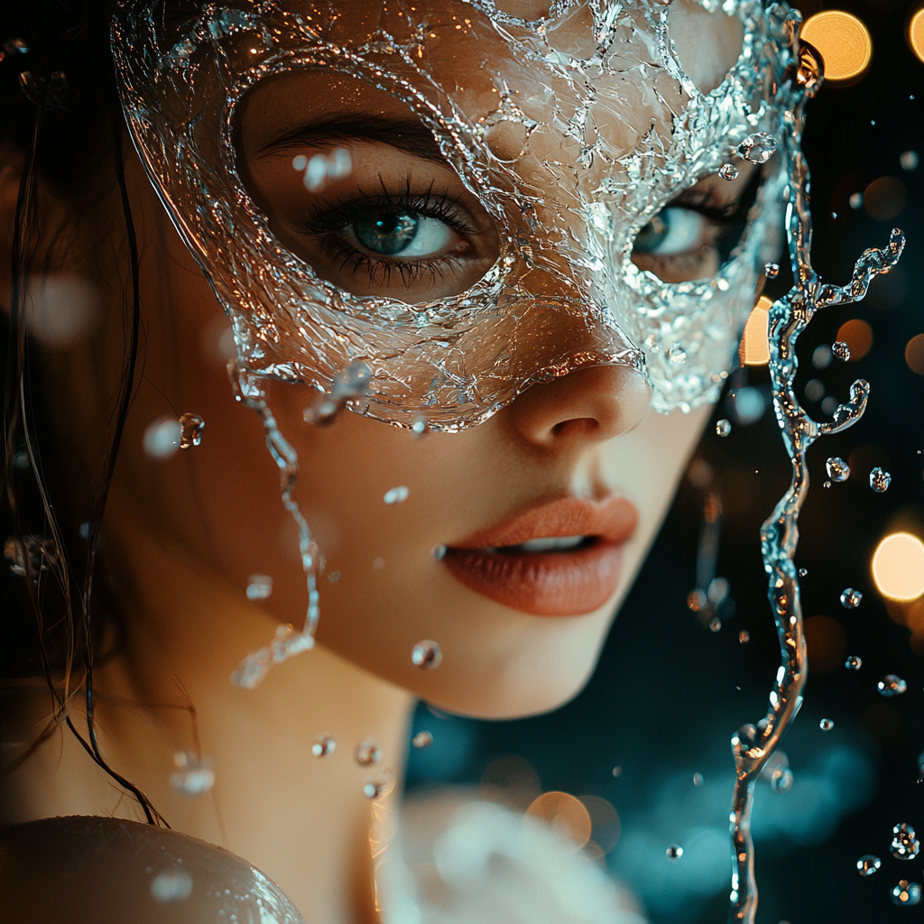 Elegant woman with glass water mask at ball.