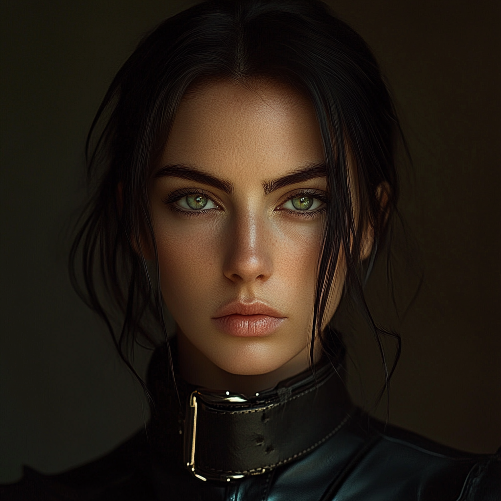 Elegant woman with raven hair and green eyes