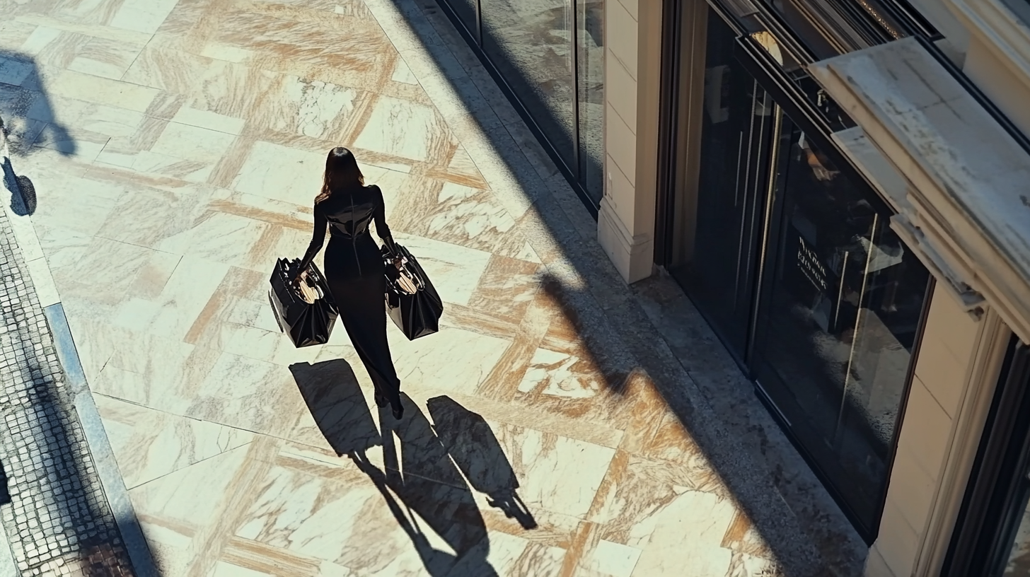 Elegant woman with shopping robot on Montenapoleone sidewalk photoshoot.