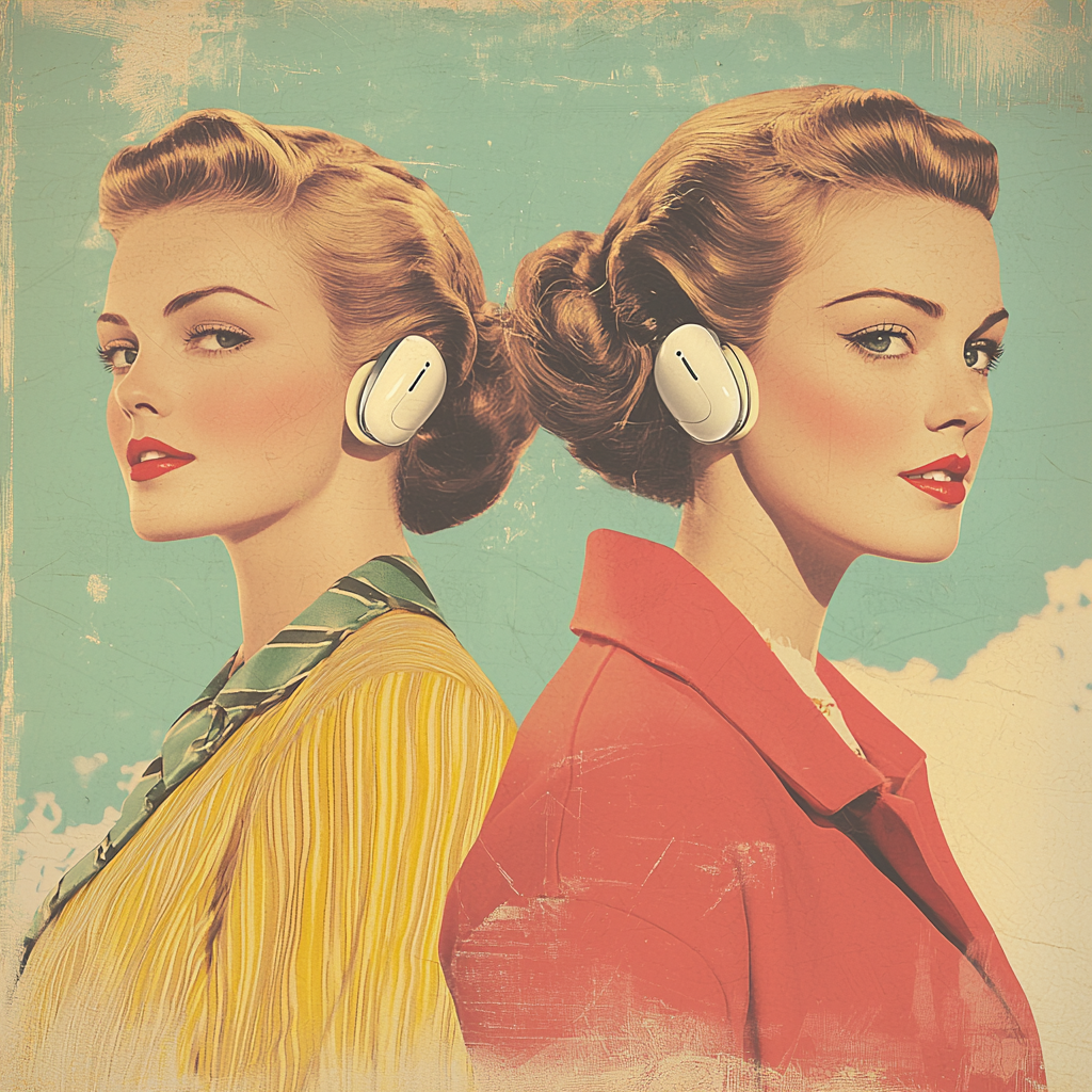 Elegant women in 1950s Apple AirPod ad.