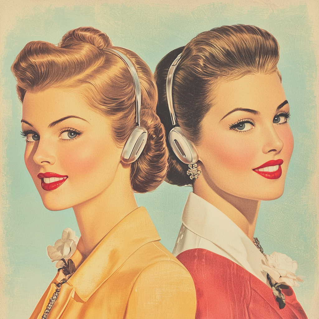 Elegant women with AirPods in retro 1950s style.