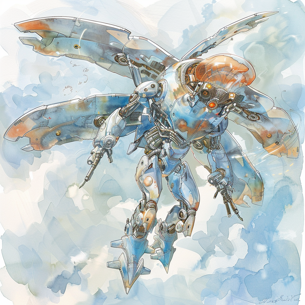 Elemental airplane soaring in watercolor sky, metal wings propellers.