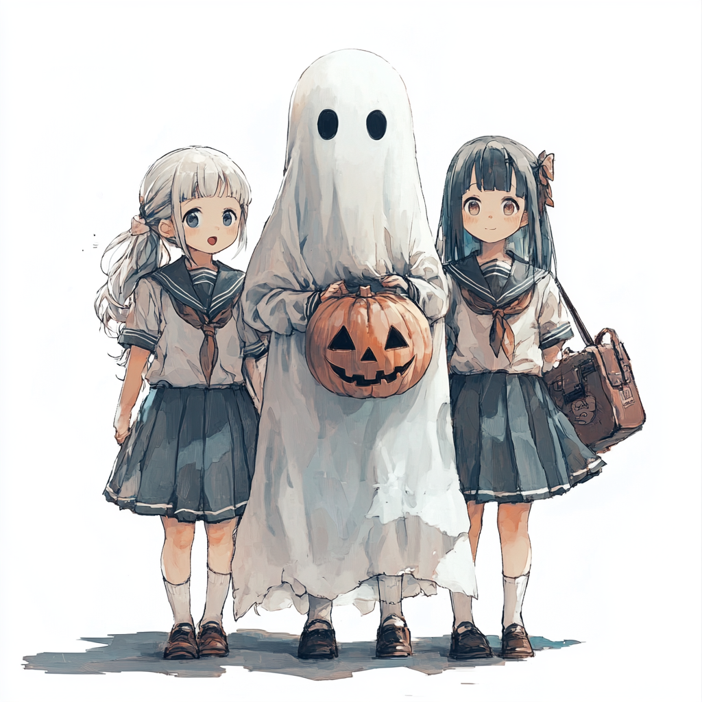 Elementary school girls in Halloween outfits with ghost spirit.