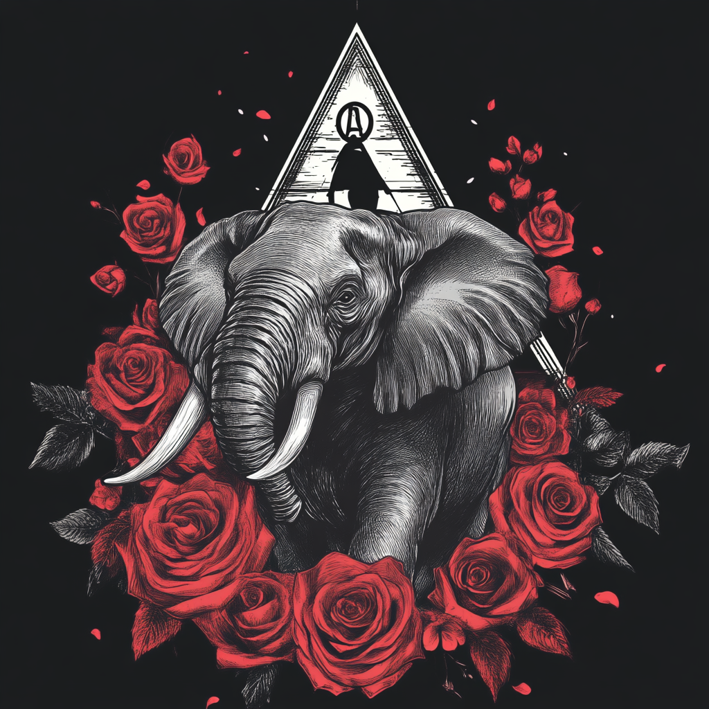 Elephant body as pyramid, trunk raised in power. Red roses at base. Greek letters woven in design.