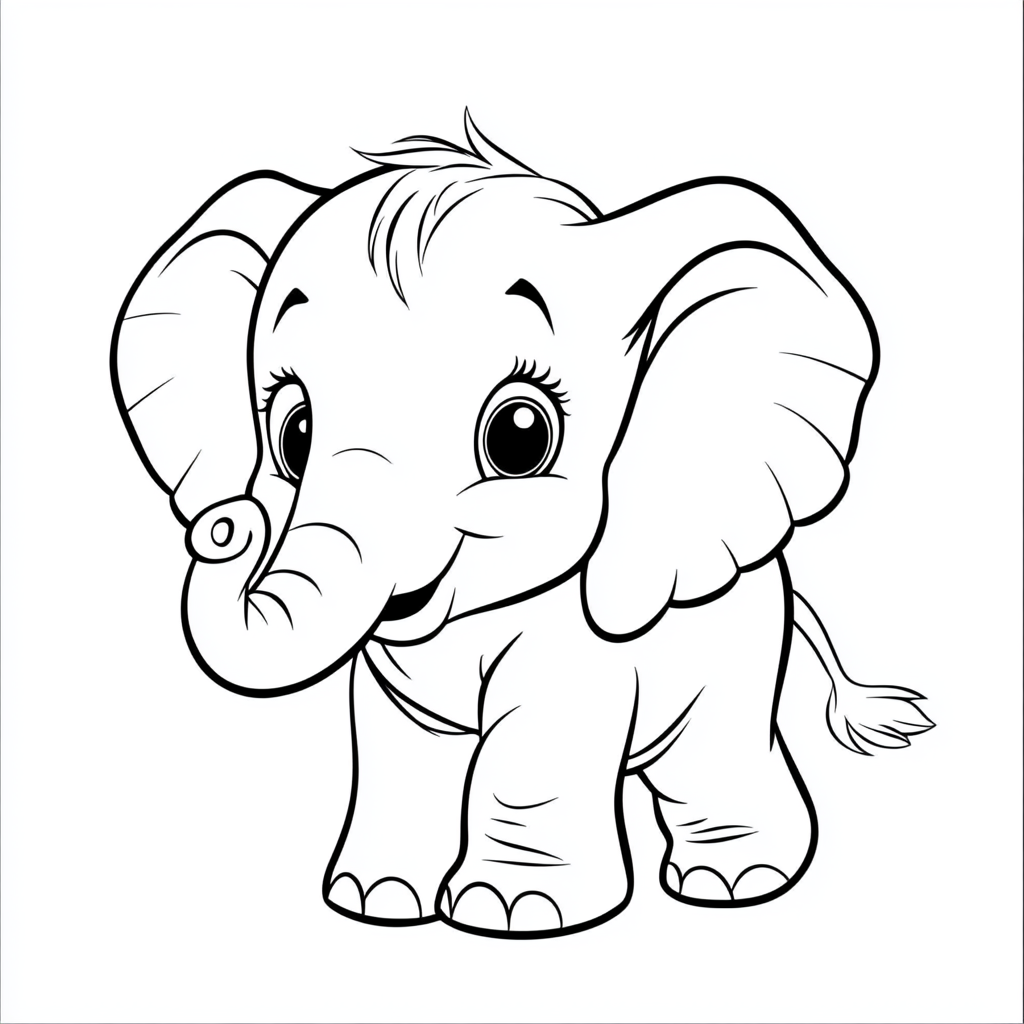 Elephant coloring page for kids, cartoon style, dreamlike.