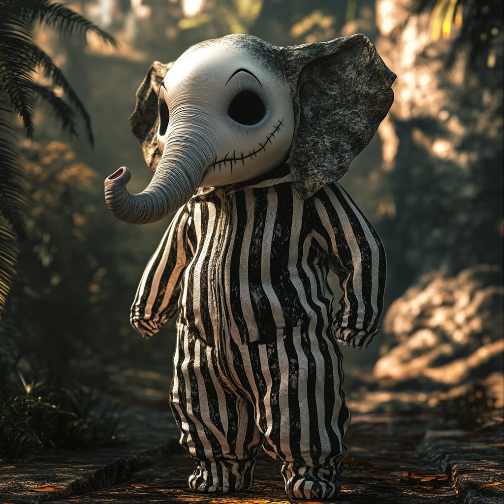 Elephant cosplaying as Jack Skellington in jungle.