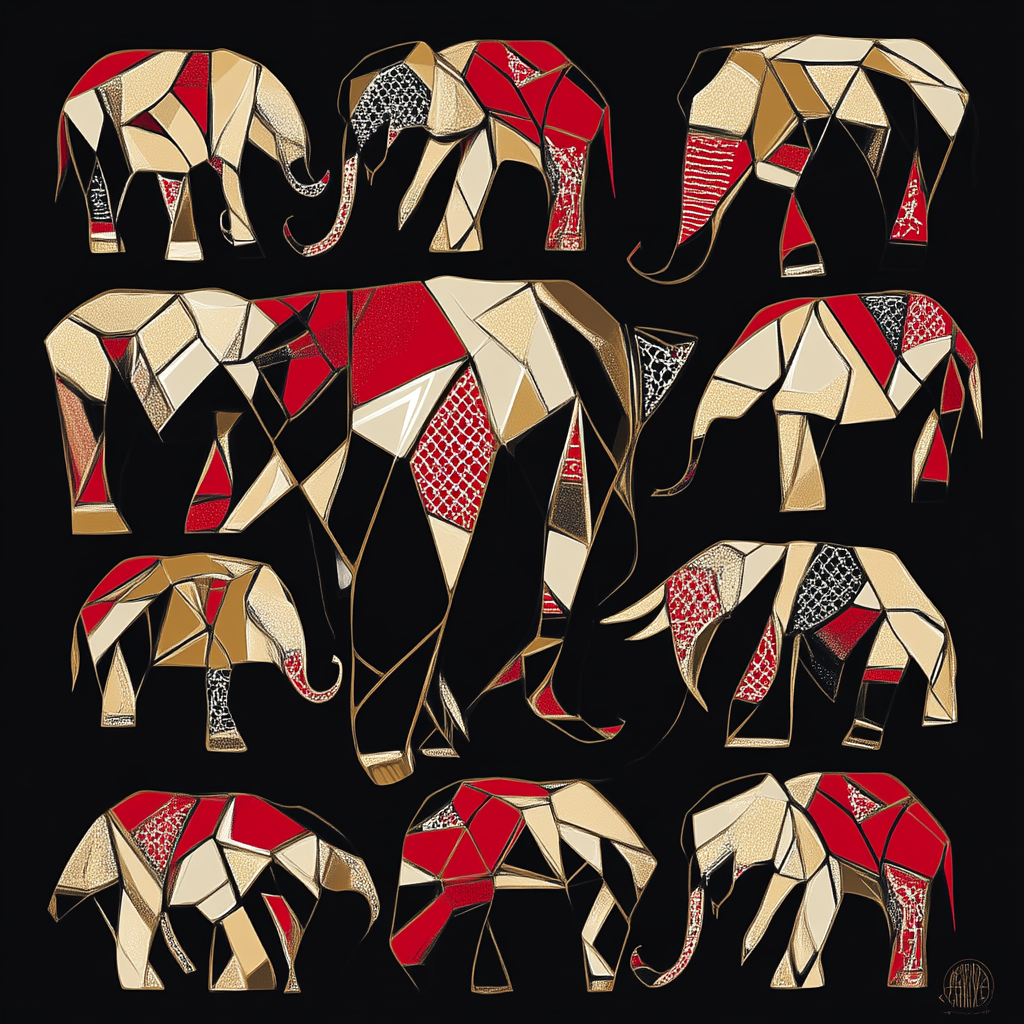 Elephant pattern with red, white, gold designs on shirt.