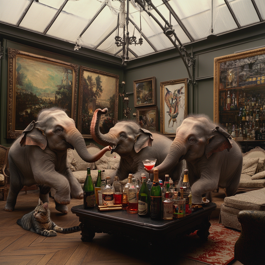 Elephants dance in loft with glass roof, black table.