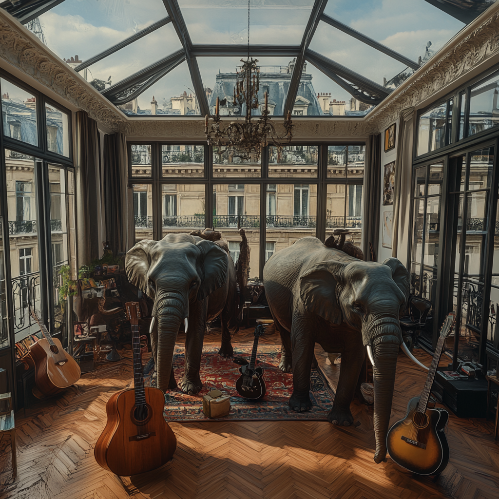 Elephants partying in loft with glass roof, guitars.