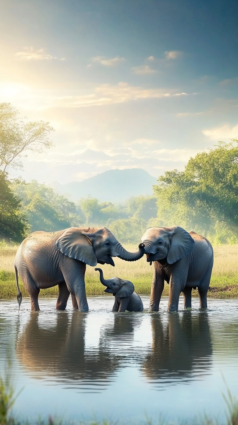 Elephants play happily in lake in Africa.