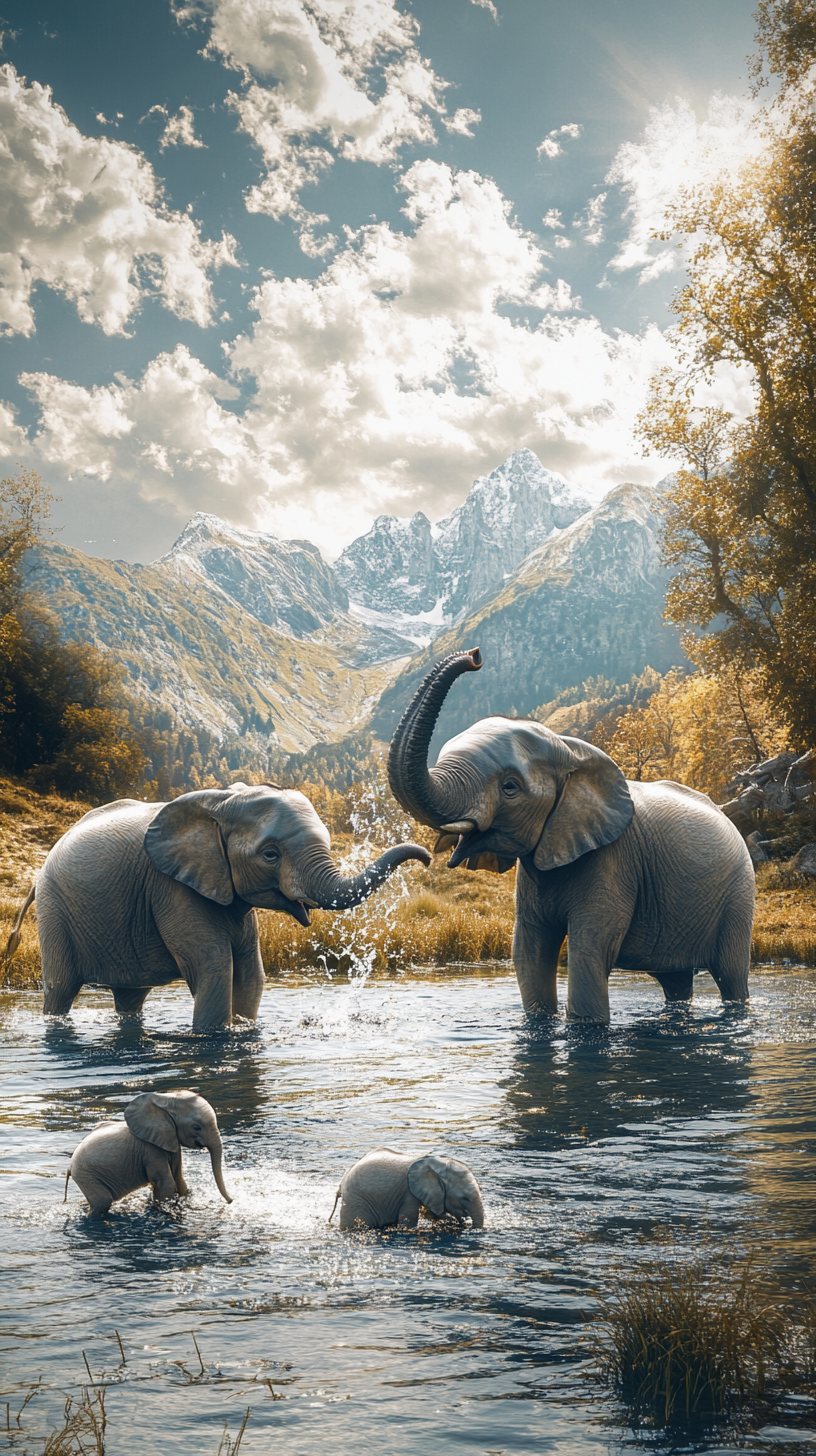 Elephants playing happily in the lake