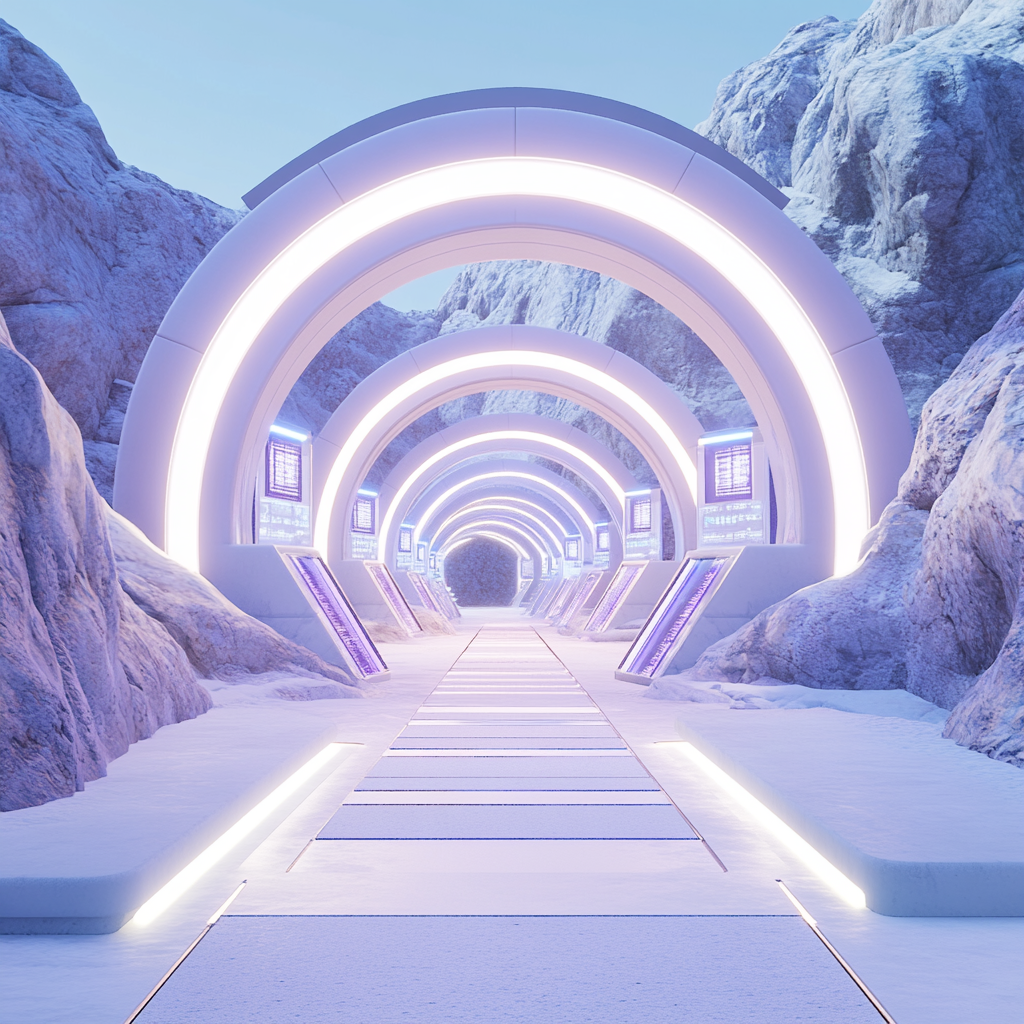 Eleven colorful NFL stadium-like entrance tunnels on mountain base.