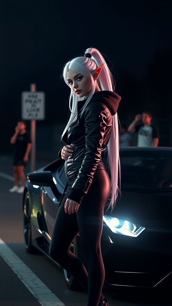 Elf Girl Admiring Lamborghini at Sunset