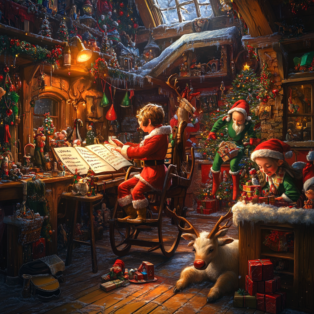 Elf checking list, Santa's sleigh filled with toys.