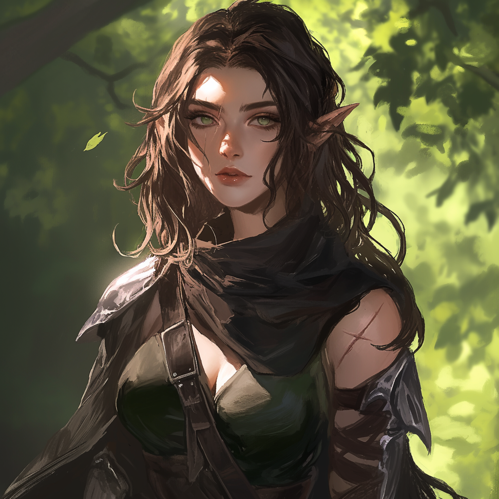 Elf female with brown hair and scar on cheek.