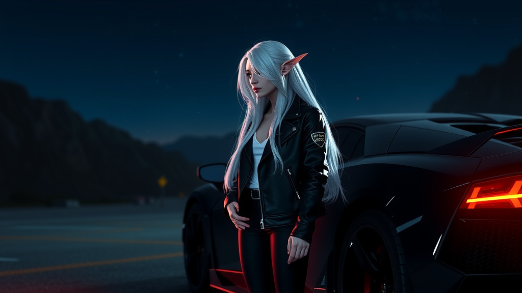 Elf girl admires Lamborghini at night