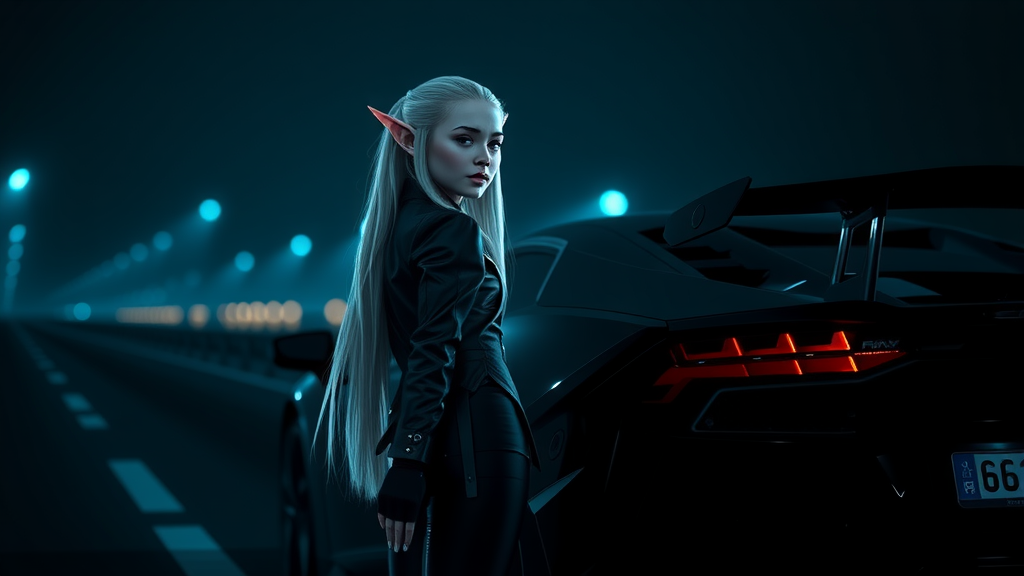 Elf girl admires car at night.