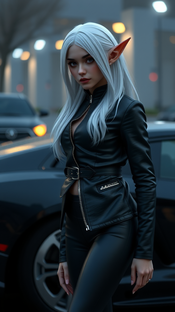 Elf girl in leather by Lamborghini, ultra realistic, detailed