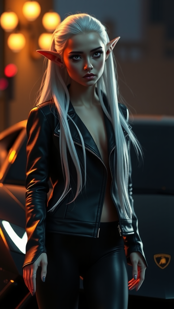 Elf girl in leather by Lamborghini at night.