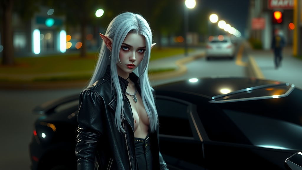 Elf girl in leather jacket near Lamborghini car