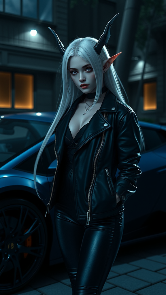 Elf girl near Lamborghini: Realistic Detailed Image