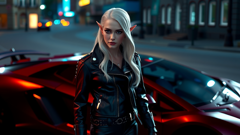 Elf girl standing by Lamborghini Aventador at night.