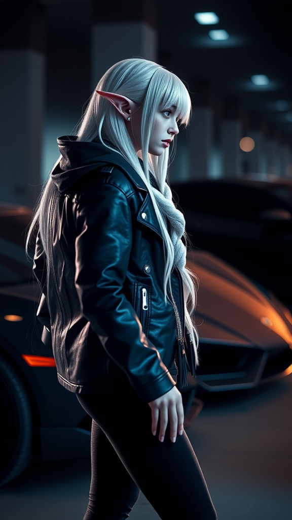 Elf girl stands near Lamborghini, gazing at horizon