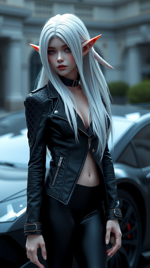 Elf girl with Lamborghini in detailed night scene.