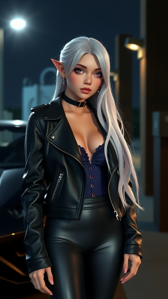 Elf girl with white hair by Lamborghini car.