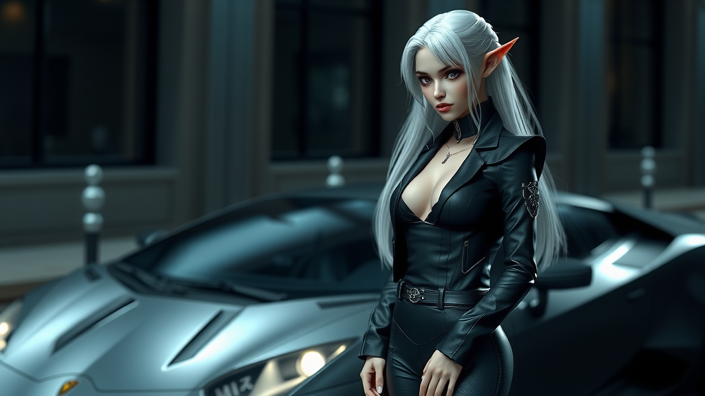 Elf girl with white hair near Lamborghini car.