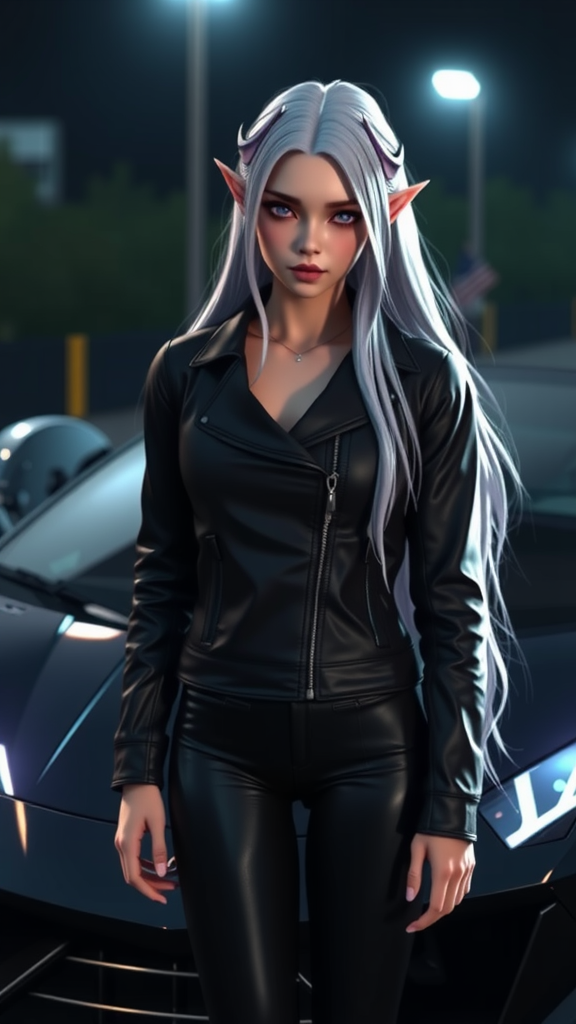 Elf girl with white hair near Lamborghini.