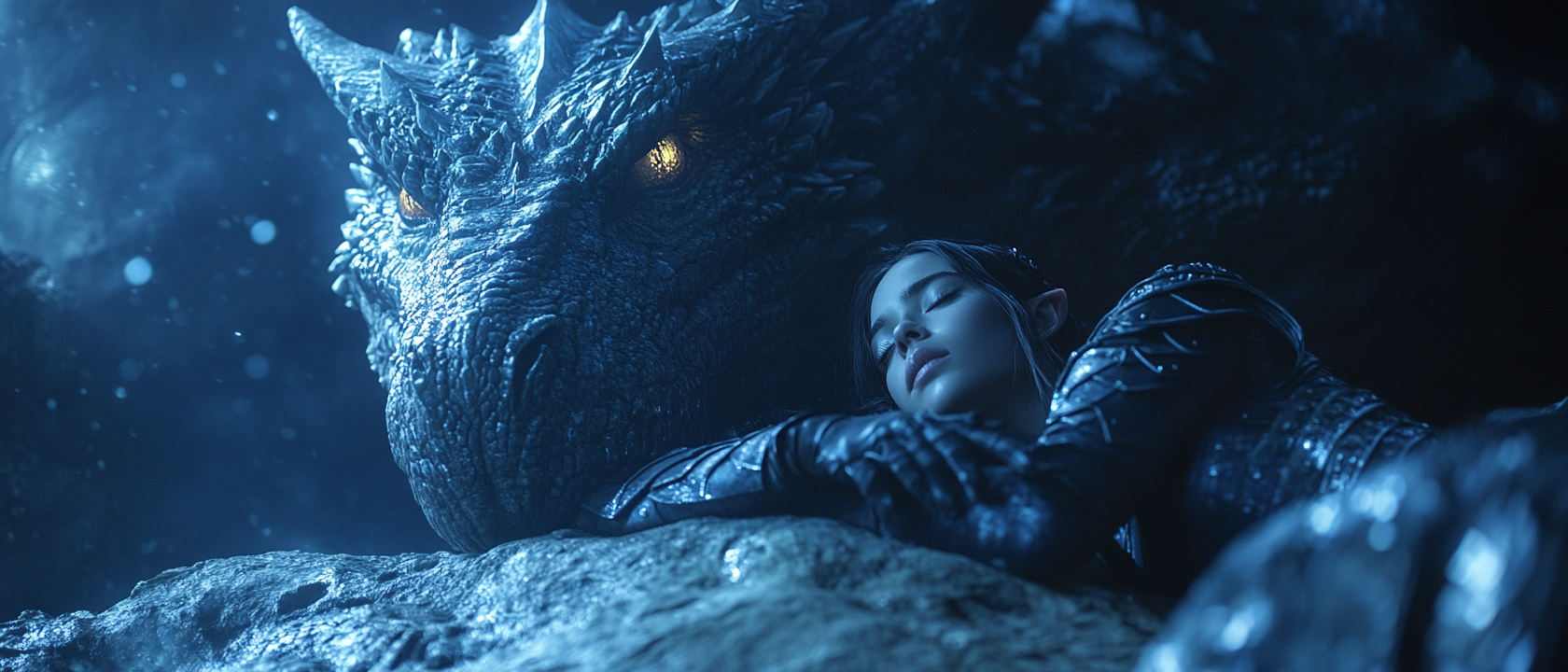 Elf warrior resting in cave, dragon lurks behind her.