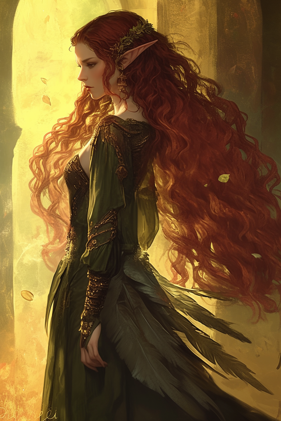 Elf woman with red hair in green dress