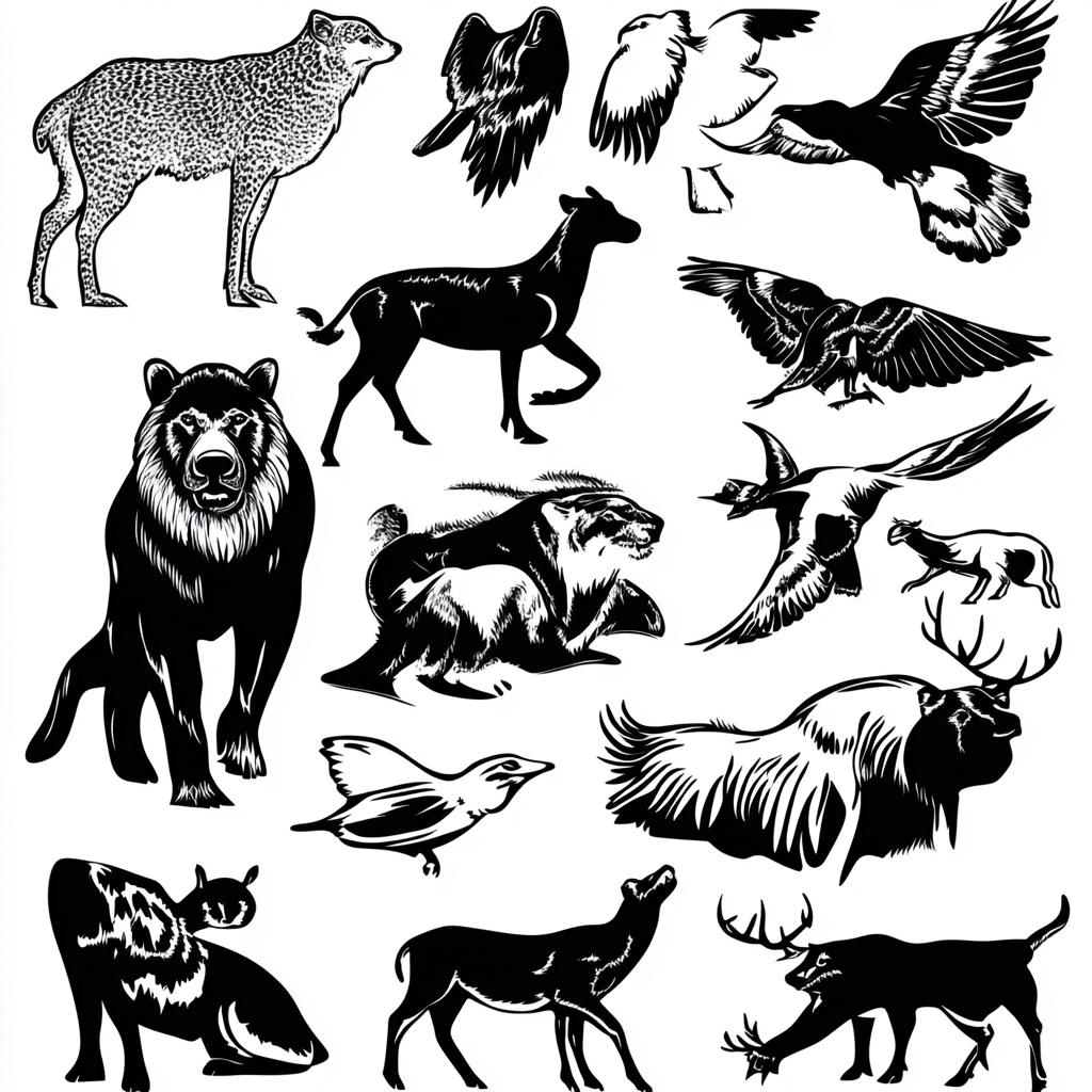 Elko, Nevada animals in vector style, bold outlines.