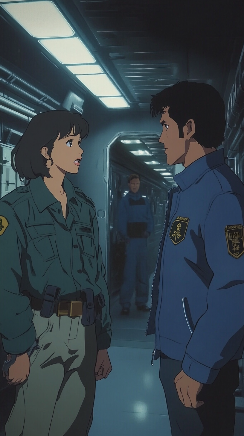 Ellen Ripley talks to a male Marshal in starship.