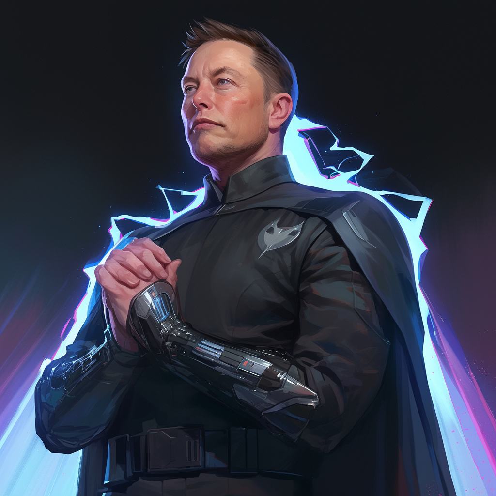 Elon Musk trapped in Vader suit, guarding wealth. Cyberpunk.