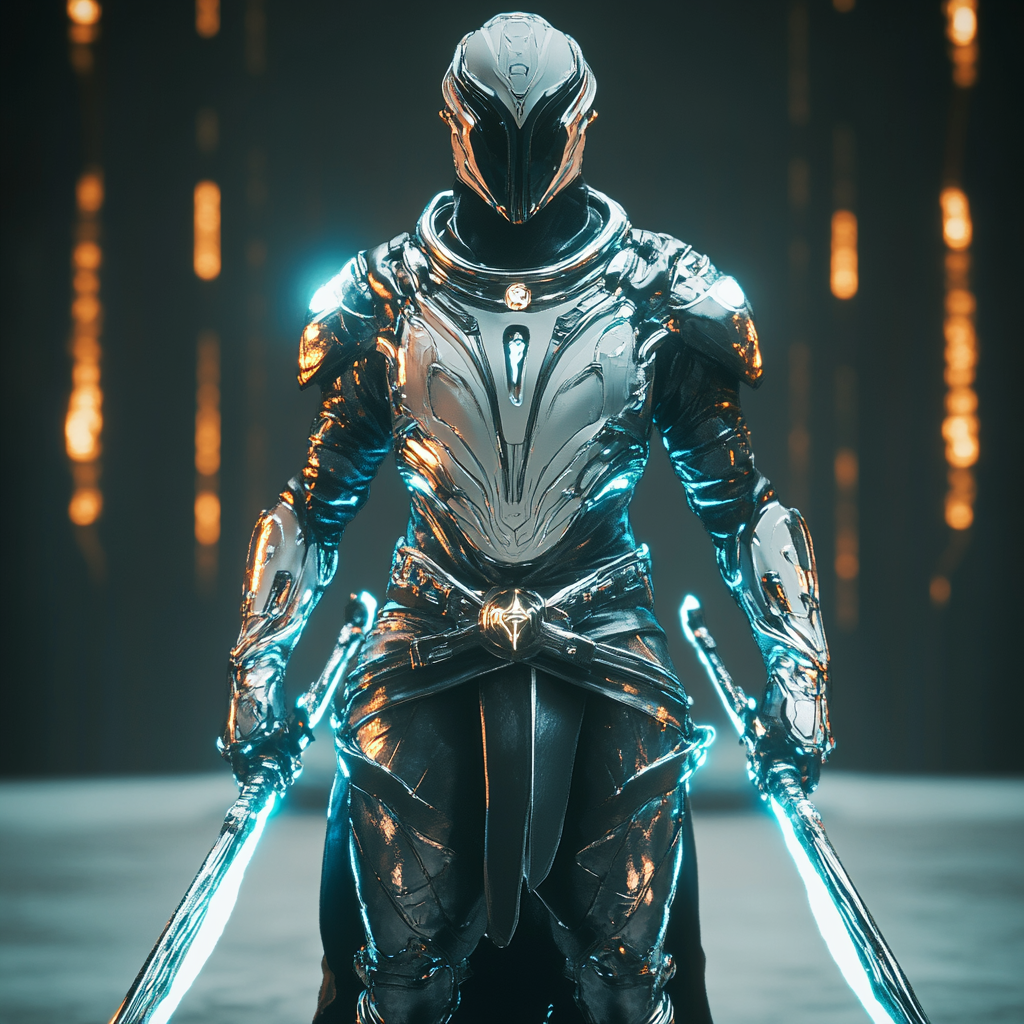 Elven Technomancer in Cybernetic Armor Wielding Glowing Scimitars