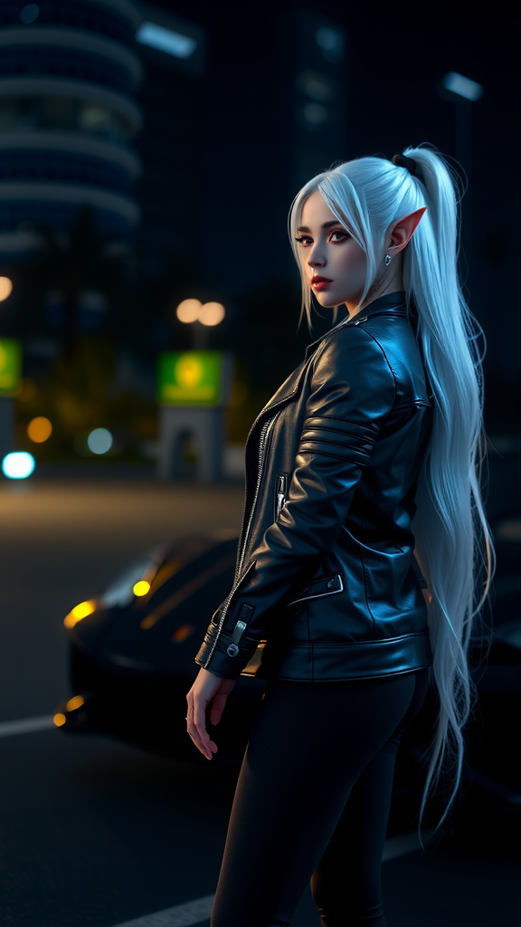 Elven girl at night with luxury car beauty.