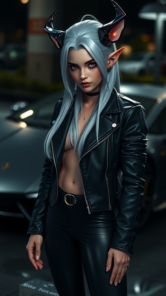 Elven girl with white hair near Lamborghini.