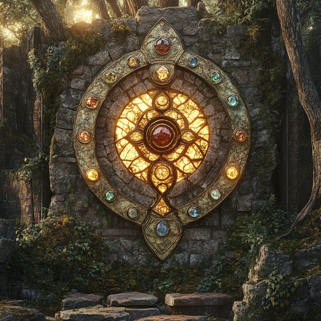 Elven ruins mosaic of gems, metals, forest triskelion design.