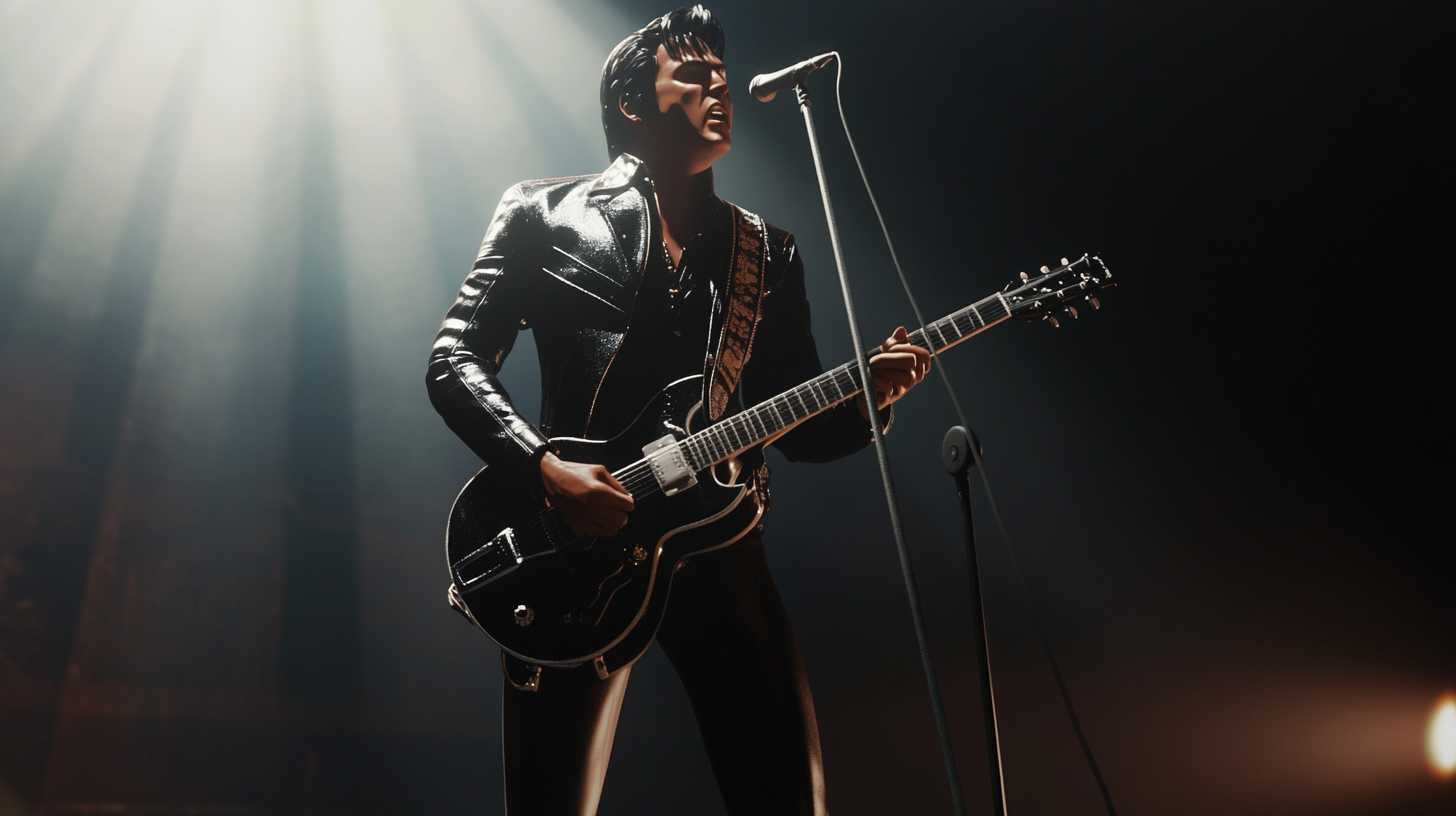 Elvis Presley in 1950's concert, singing with guitar