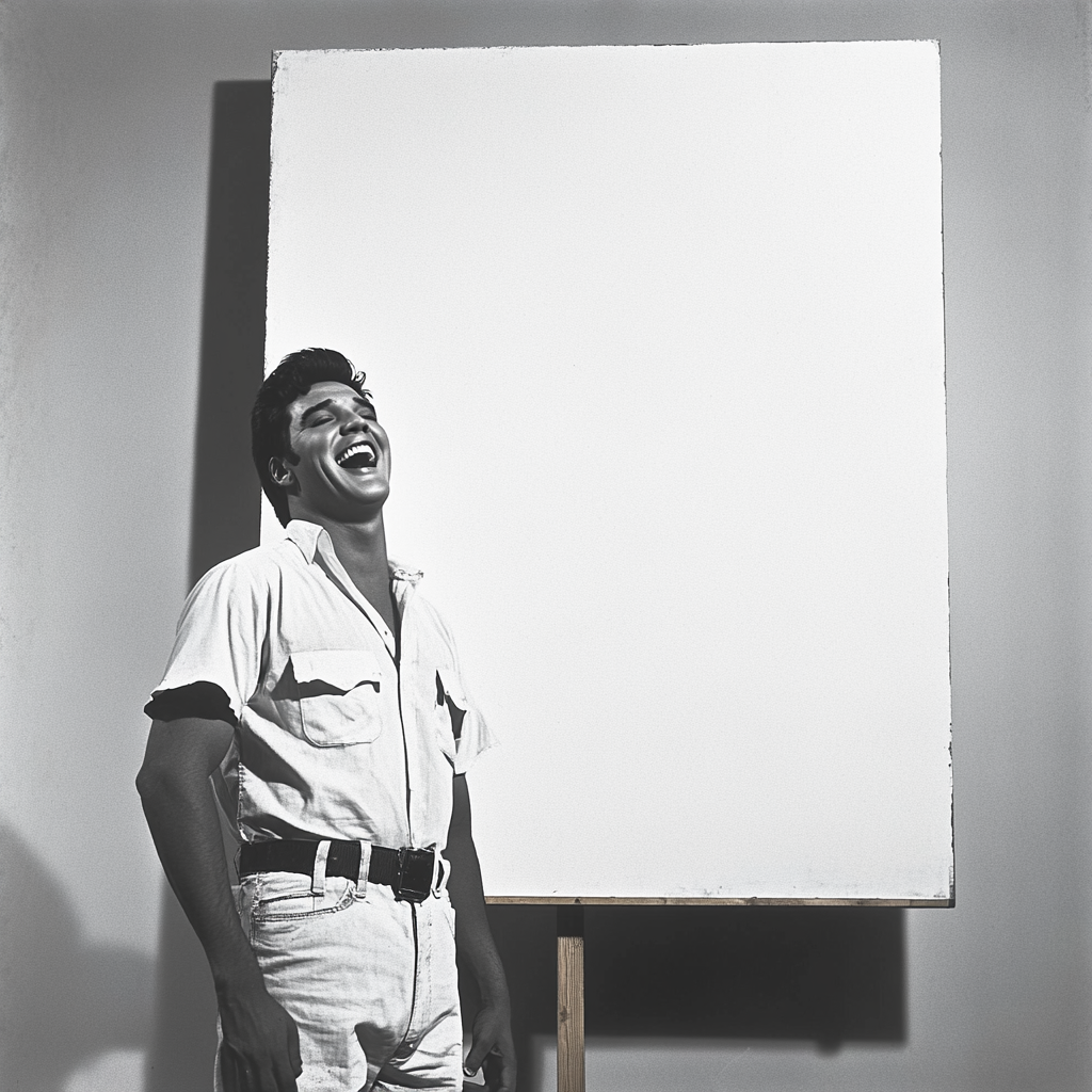 Elvis Presley laughs in front of white canvas