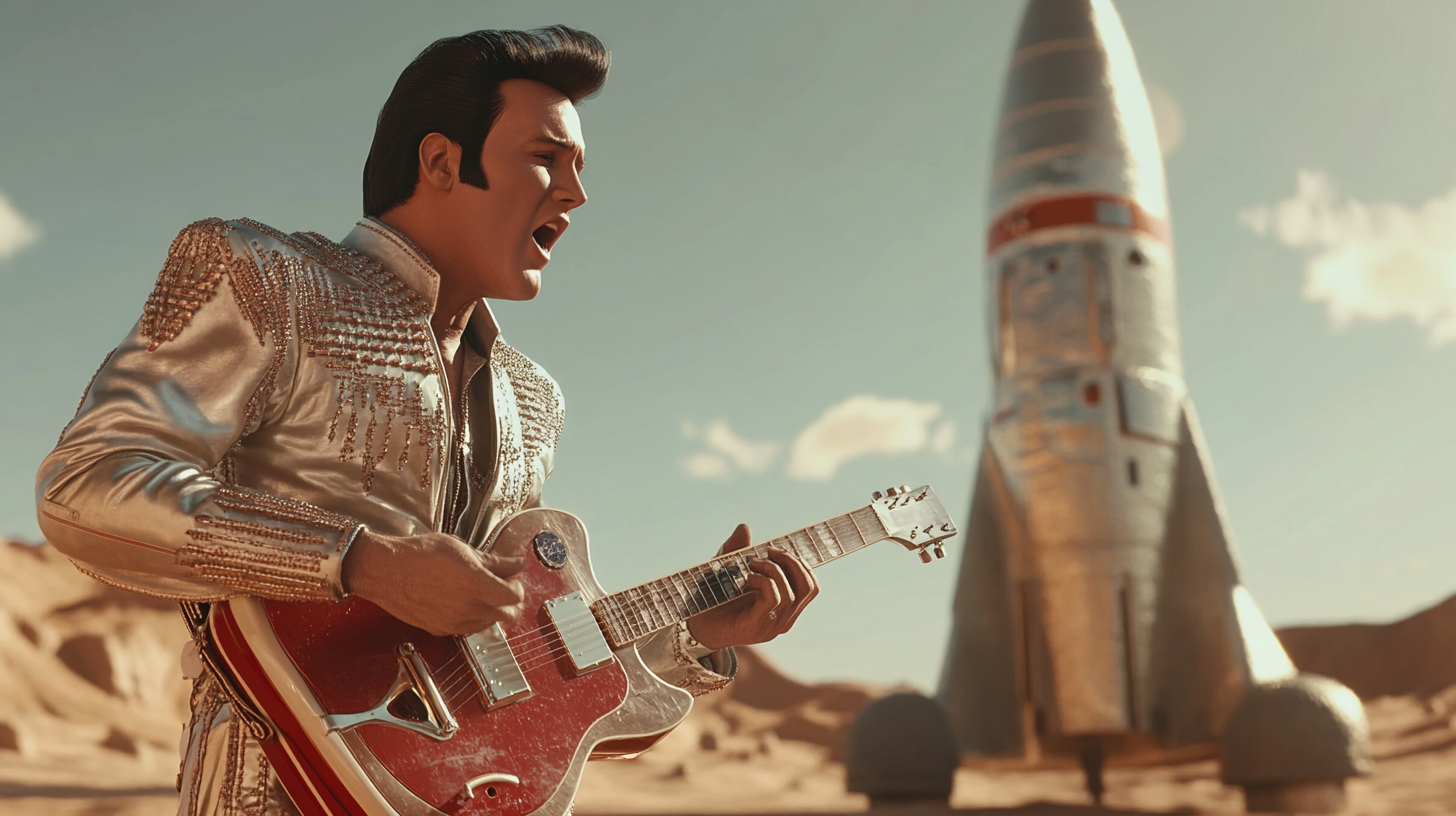 Elvis Presley singing on Mars with guitar.