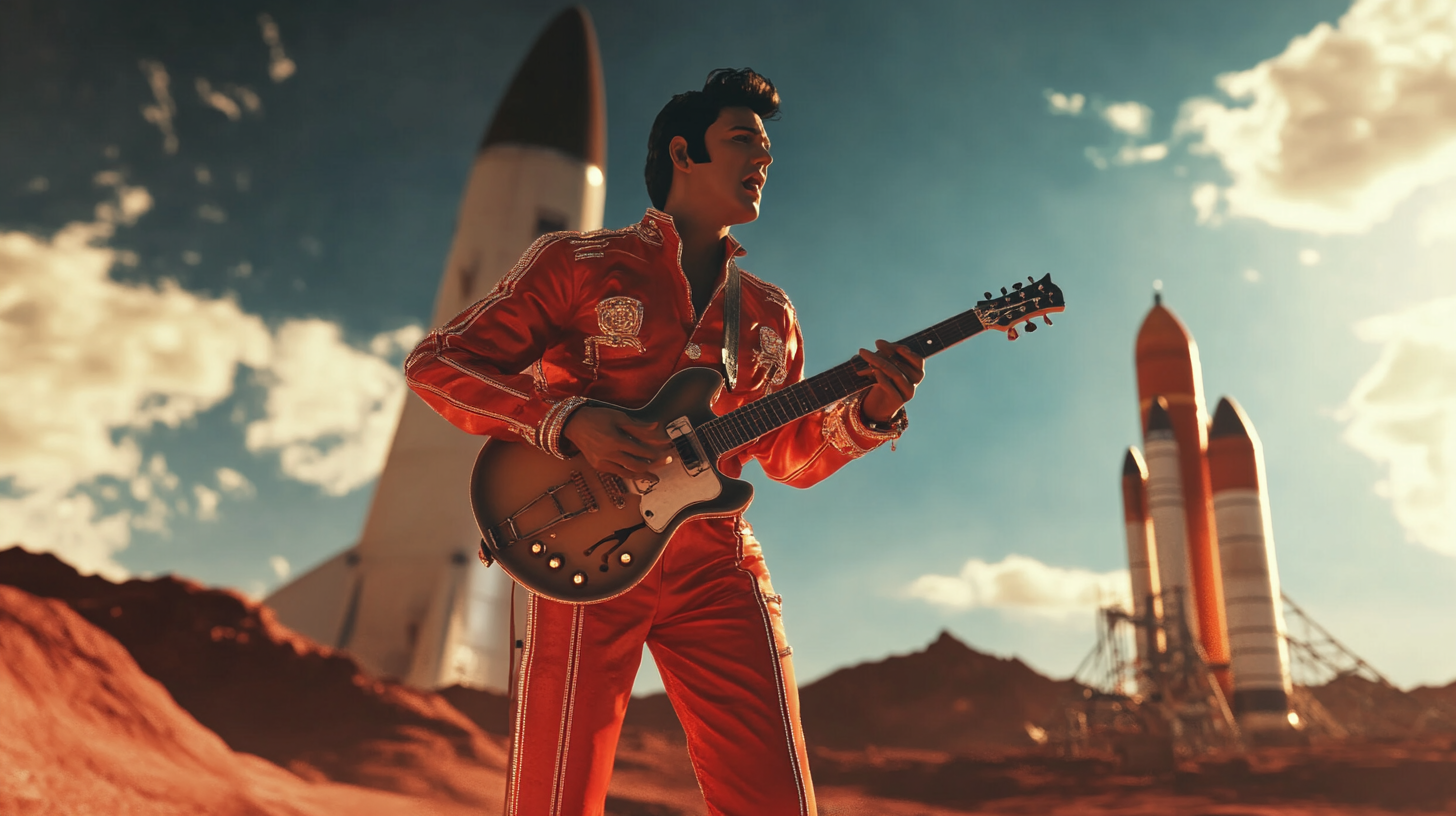 Elvis Presley sings on Mars with guitar.