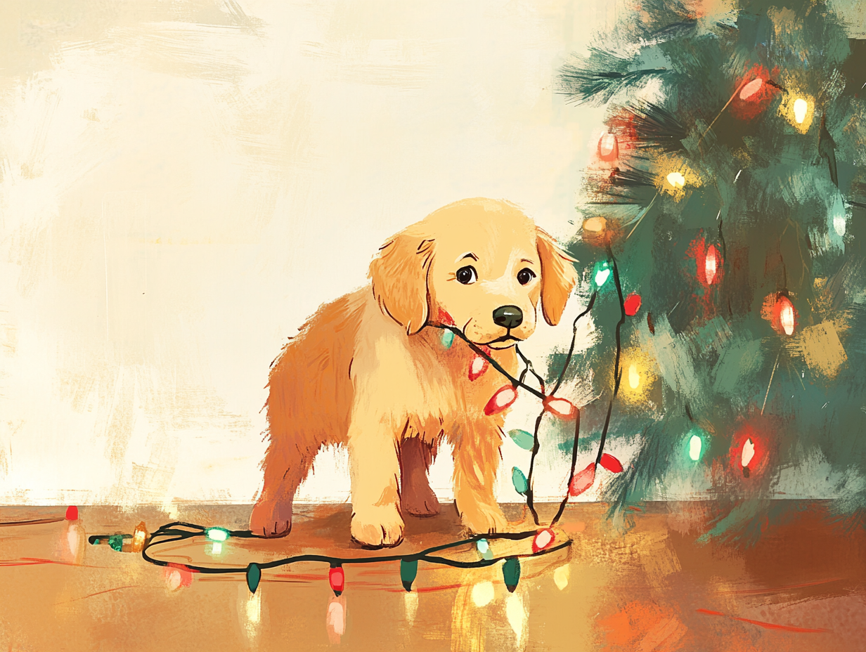 Embarrassed golden retriever puppy wrapped in Christmas lights.