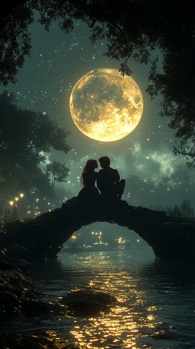 Embracing couple under moonlight in Annie Leibovitz style